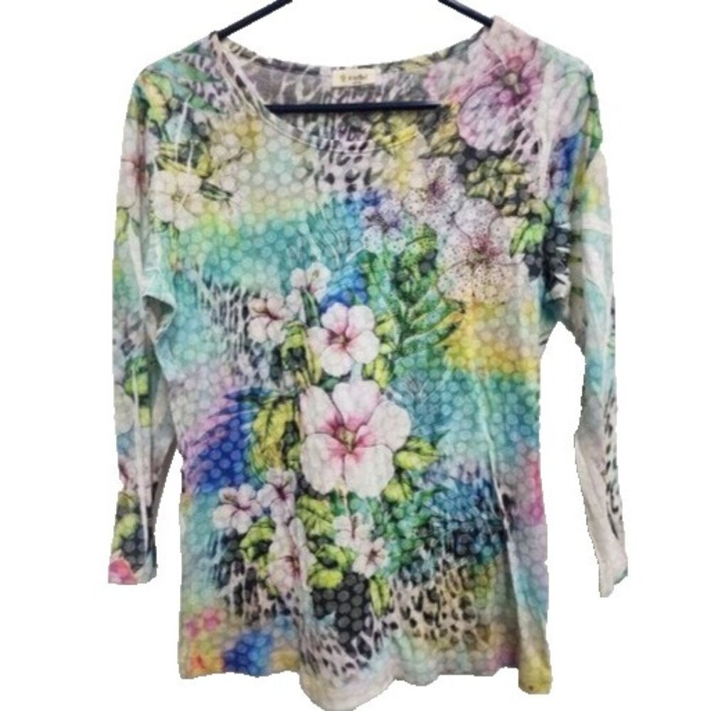 Cactus Womens Floral Burnout Top Small Multi 3/4 Sleeve Embellished Wearable Art